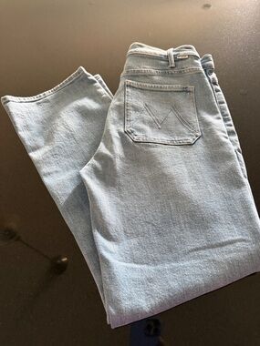 MOTHER Light Blue Denim Jeans with Leather Patch